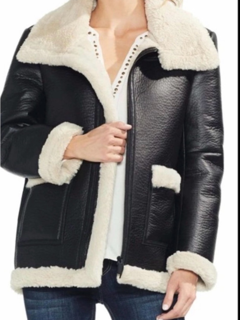 Vince Camuto Black Faux Leather Bomber Jacket with Cream Shearling Trim